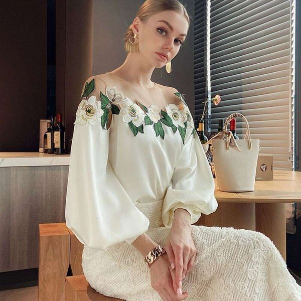design sense mesh stitching shirt spring womens heavy embroidery flower chic beautiful, White
design sense mesh stitching shirt spring womens heavy embroidery flower chic beautiful, White