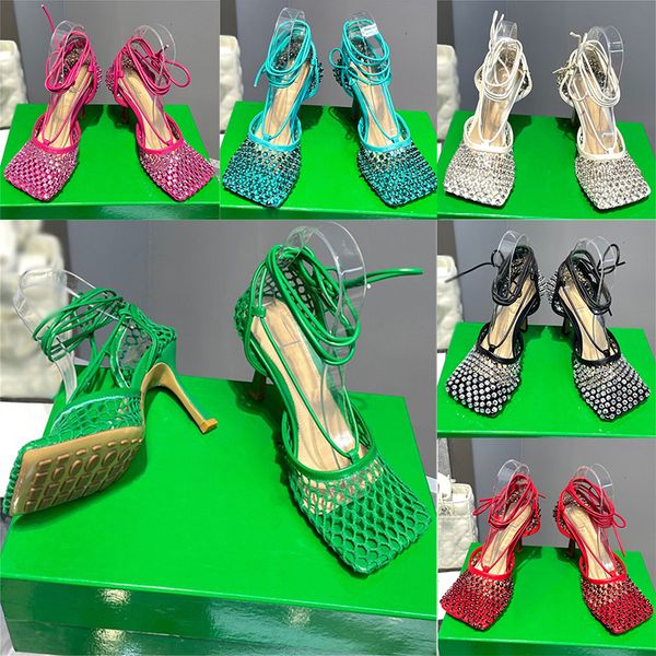 designer high heel slippers leather rhinestone mesh sandal sparkle stretch ladies party wedding shoes sandals, Black