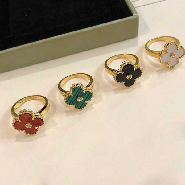 

Designer Four-leaf clover luxury top jewelry accessories women Cleef High version v gold natural white fritillary lucky flower ring agate thickened plating 18K ring