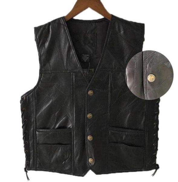 black leather motorcycle vest for men genuine leather punk biker vest lace button autumn sleeveless jacket for men7445603, Black;white
black leather motorcycle vest for men genuine leather punk biker vest lace button autumn sleeveless jacket for men7445603, Black;white