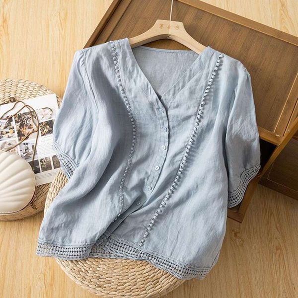 official picture middle sleeves cotton womens blouses linen hooked flower shirt for women summer art vintage, White
official picture middle sleeves cotton womens blouses linen hooked flower shirt for women summer art vintage, White