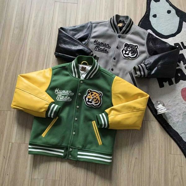 men's women jackets human made green coat thick tiger embroidery leather sleeve baseball uniform, Black;brown
men's women jackets human made green coat thick tiger embroidery leather sleeve baseball uniform, Black;brown