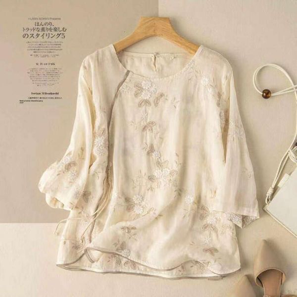 embroidered loose linen blouse shirt for women artistic retro slimming heavy cotton style, White 
embroidered loose linen blouse shirt for women artistic retro slimming heavy cotton style, White