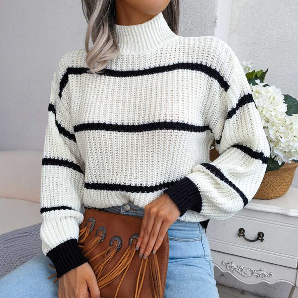designer women's long sleeved fashion high neck striped new sweater autumn winter 2023, White;black
designer women's long sleeved fashion high neck striped new sweater autumn winter 2023, White;black