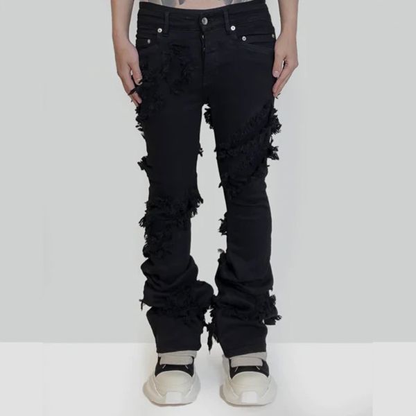 men's jeans fashion flared men's ripped distressed streetwear black denim pants long ribbons trend man casual jeans, Blue
men's jeans fashion flared men's ripped distressed streetwear black denim pants long ribbons trend man casual jeans, Blue