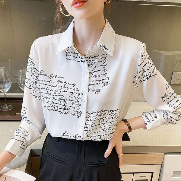 autumn alphabet print long sleeve chiffon shirt womens fashion, White 
autumn alphabet print long sleeve chiffon shirt womens fashion, White
