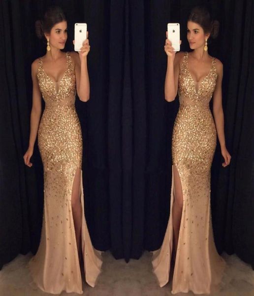 gold beaded crystals tulle long mermaid prom dresses v neck formal party gowns high side slit celebrity evening dress vestido9554310, Black
gold beaded crystals tulle long mermaid prom dresses v neck formal party gowns high side slit celebrity evening dress vestido9554310, Black