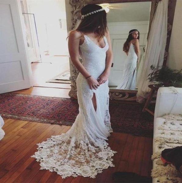 side split boho wedding dresses full lace vneck low back beach bridal gowns sweep train country bride dress6102729, White
side split boho wedding dresses full lace vneck low back beach bridal gowns sweep train country bride dress6102729, White