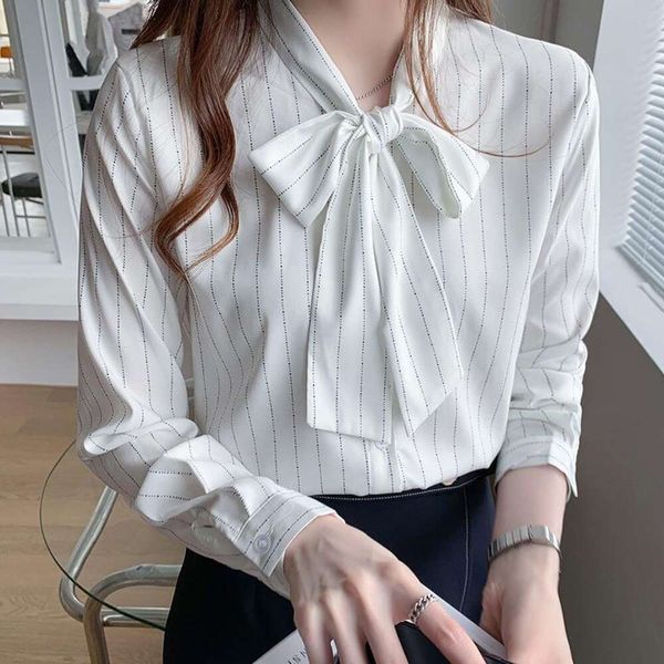 commuter striped shirt for women design sense small market autumn style chiffon with a bow, White
commuter striped shirt for women design sense small market autumn style chiffon with a bow, White
