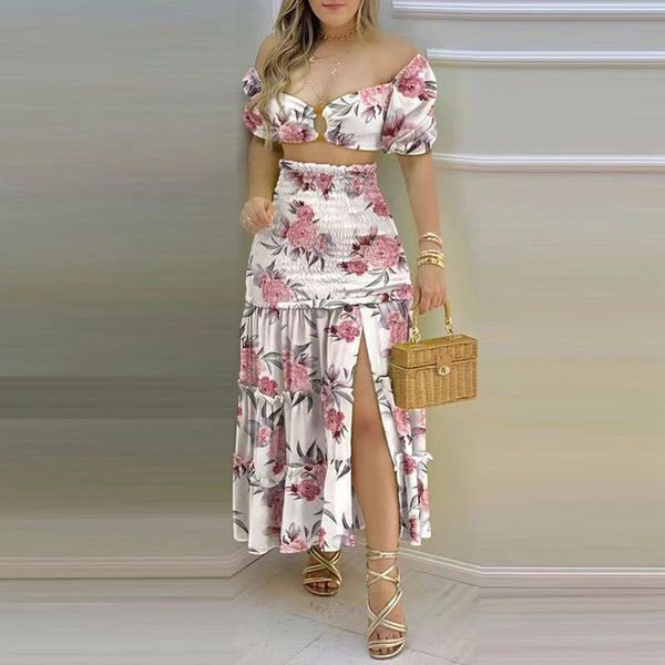 women elegant dress set off shoulder crop frill hem shirred slit sirt set casual summer set, White
women elegant dress set off shoulder crop frill hem shirred slit sirt set casual summer set, White