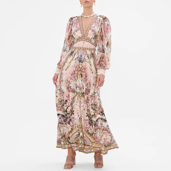 australian designer dress silk long sleeve pink floral printed handmade crystal long dress, Black;gray
australian designer dress silk long sleeve pink floral printed handmade crystal long dress, Black;gray