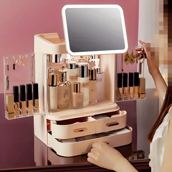 1pc cosmetic deskstorage box, dustproof storage rack with mirror, large capacity dressing table skincare product storage rack, makeup box, h
1pc cosmetic deskstorage box, dustproof storage rack with mirror, large capacity dressing table skincare product storage rack, makeup box, h