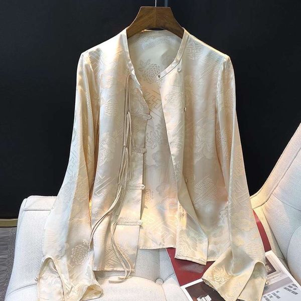 apricot silk brocade shirt for women spring style improved versatile chinese loose lace trend, White
apricot silk brocade shirt for women spring style improved versatile chinese loose lace trend, White