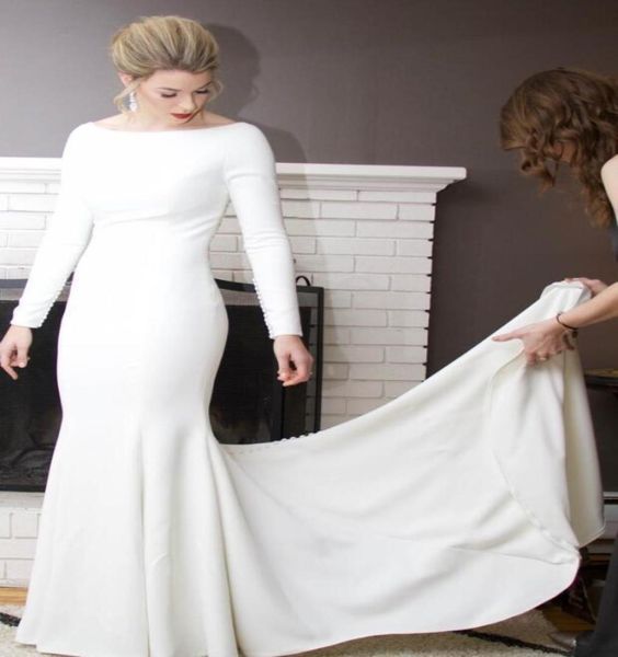 2020 new crepe mermaid modest wedding dress with long sleeves boat neckline simple elegant boho lds bridal gowns buttons back cust5096726, White
2020 new crepe mermaid modest wedding dress with long sleeves boat neckline simple elegant boho lds bridal gowns buttons back cust5096726, White