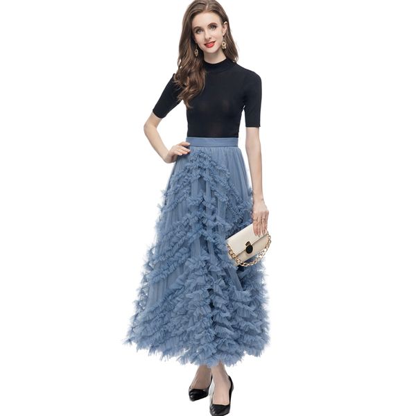 women's runway designer two piece dress o neck flexible black blouse with ruffles appliques long skirt fashion twinset, White
women's runway designer two piece dress o neck flexible black blouse with ruffles appliques long skirt fashion twinset, White