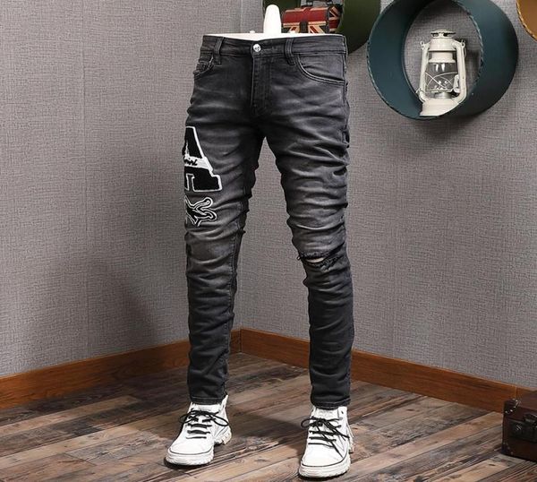 men retro jeans street style fashion black gray elastic slim fit ripped patches designer hip hop denim hole pants1310202, Blue
men retro jeans street style fashion black gray elastic slim fit ripped patches designer hip hop denim hole pants1310202, Blue
