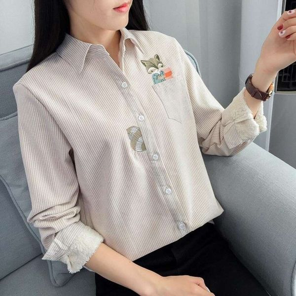 autumn and blouses winter style fresh vertical stripes plus velvet shirt for women long sleeved embroidered warm, White
autumn and blouses winter style fresh vertical stripes plus velvet shirt for women long sleeved embroidered warm, White
