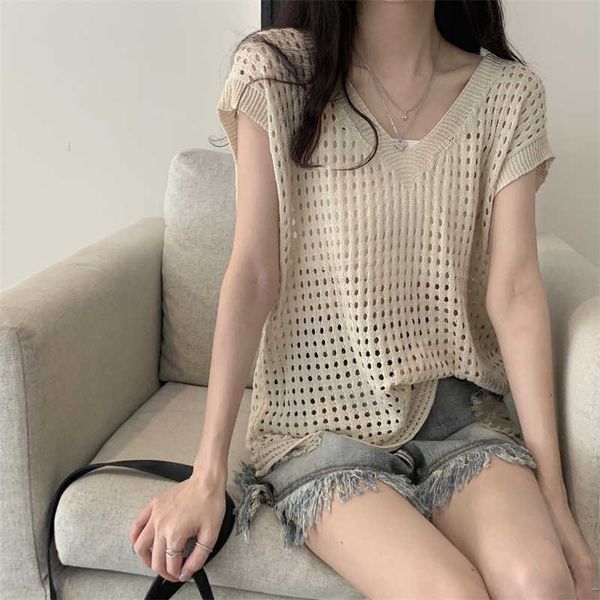 2023 lazy style new sun protection cover shirt with hollow v-neck knit short sleeve tank with open collar hole design, White
2023 lazy style new sun protection cover shirt with hollow v-neck knit short sleeve tank with open collar hole design, White