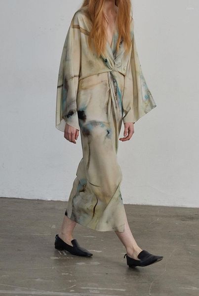 Casual Dresses Women Midi Dress Tie Dye Split Hem Long Sleeve Robe