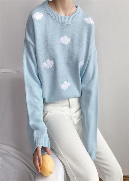 cbafu clouds embroidery blue knitted sweater women long sleeve loose pullovers casual kawaii autumn winter jumpers harajuku f7732878191, White;black
cbafu clouds embroidery blue knitted sweater women long sleeve loose pullovers casual kawaii autumn winter jumpers harajuku f7732878191, White;black