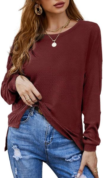 womens crewneck sweater waffle knit casual long sleeve side split pullover blouse, White;black
womens crewneck sweater waffle knit casual long sleeve side split pullover blouse, White;black