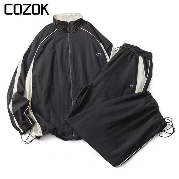men s jackets high street casual sports jacket men women patchwork stripe embroidery varsity straight pants black thin fashion suit 230814, Black;brown
men s jackets high street casual sports jacket men women patchwork stripe embroidery varsity straight pants black thin fashion suit 230814, Black;brown