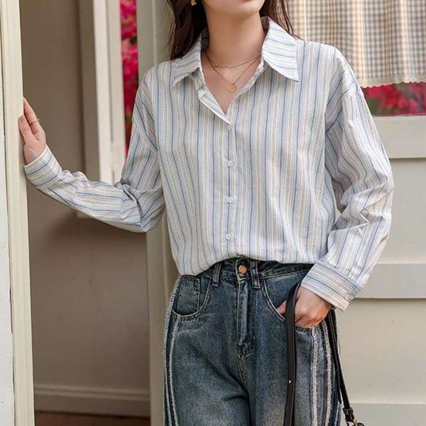 breathable cotton long sleeved shirt blue and white striped for women loose early autumn
breathable cotton long sleeved shirt blue and white striped for women loose early autumn