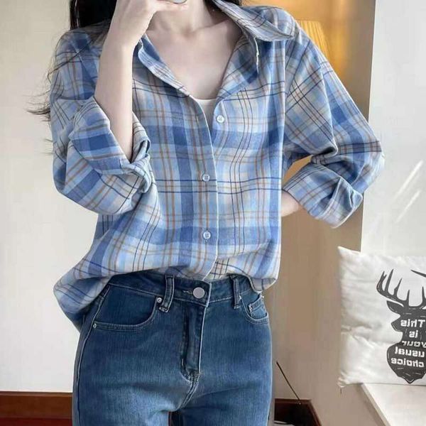 blue plaid womens long sleeved blouses style loose temperament niche with a shirt outside, White
blue plaid womens long sleeved blouses style loose temperament niche with a shirt outside, White