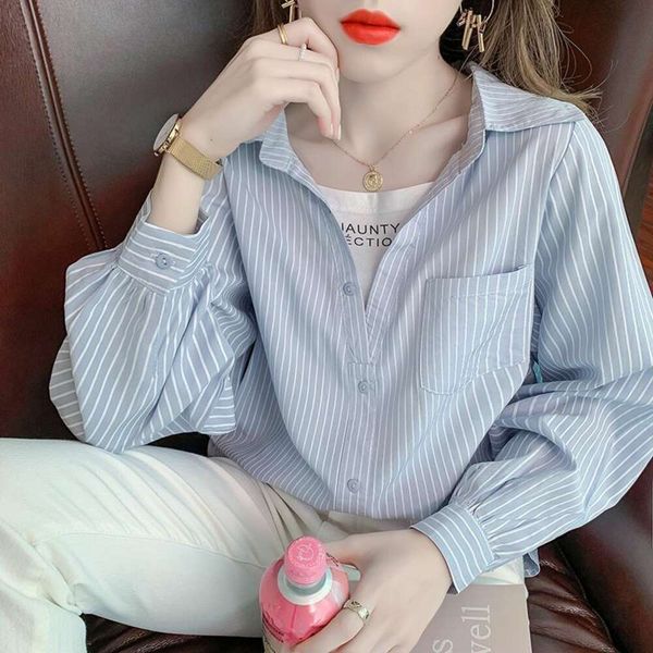 striped shirt for women spring clothes fake two piece printed loose western style all matching long sleeved design, White
striped shirt for women spring clothes fake two piece printed loose western style all matching long sleeved design, White