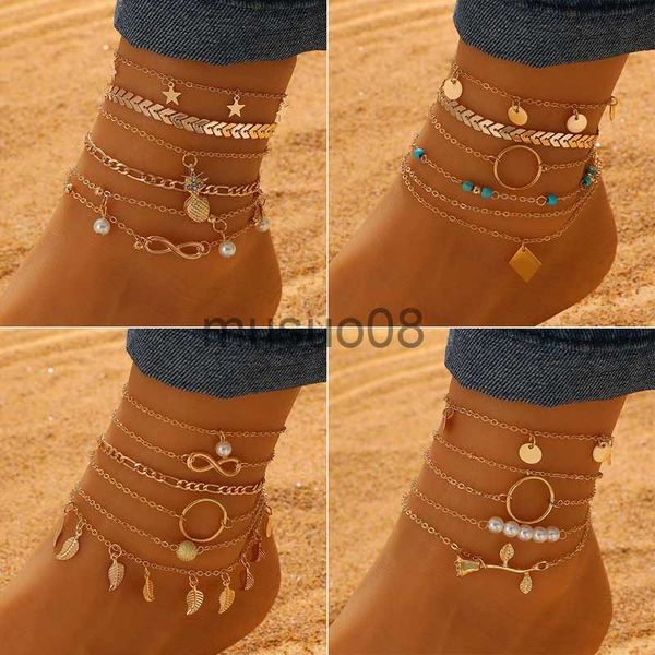 

anklets bohemian summer beh anklet set for women gold color chain on leg leaf heart pineapple rose charm ankle brelet female jewelry j230815, Red;blue