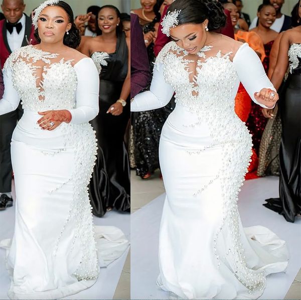 2023 plus size arabic aso ebi luxurious lace pearls wedding dress sheer neck satin bridal gowns dresses, White
2023 plus size arabic aso ebi luxurious lace pearls wedding dress sheer neck satin bridal gowns dresses, White