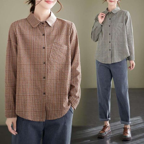 spring cotton checkered long sleeved shirt womens retro artistic loose figure flattering all matching, White
spring cotton checkered long sleeved shirt womens retro artistic loose figure flattering all matching, White