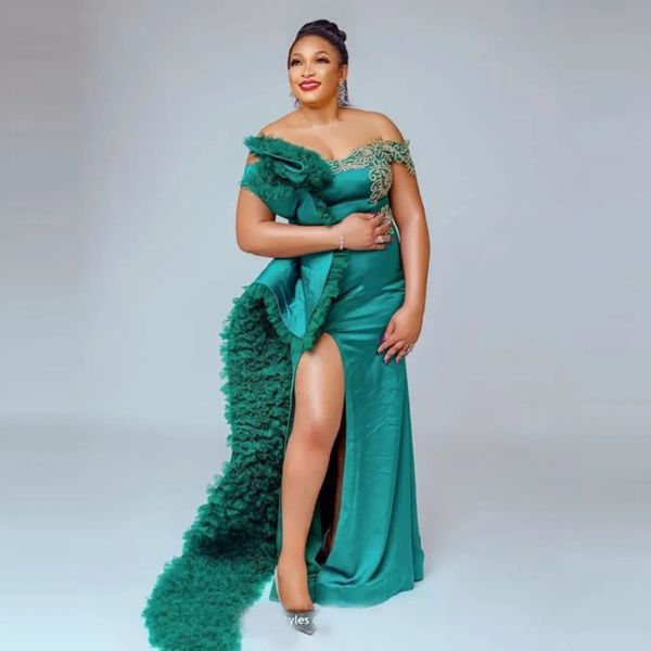 elegant lush tulle prom dresses off shoulder formal dress abendkleider high slit evening dress party gowns arabic aso ebi, Black
elegant lush tulle prom dresses off shoulder formal dress abendkleider high slit evening dress party gowns arabic aso ebi, Black