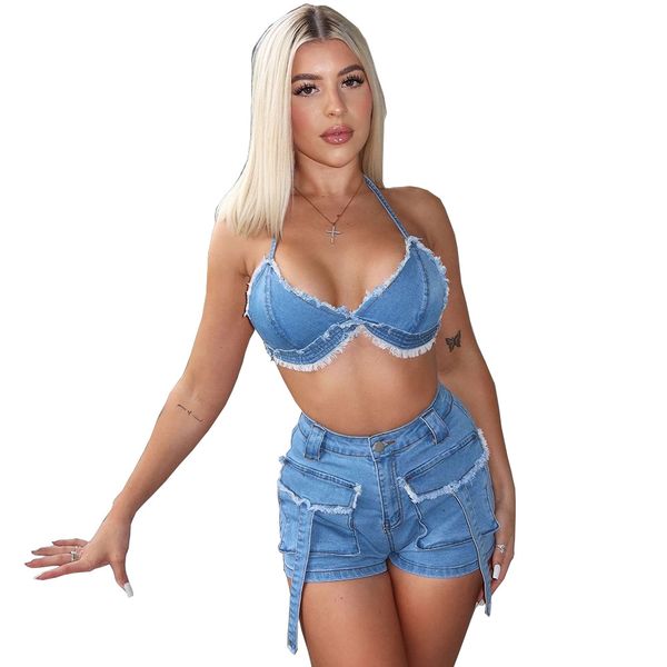 2023 summer new arrival women halter crop denim pockets shorts fashion women streetwear 2 piece jean shorts set, White
2023 summer new arrival women halter crop denim pockets shorts fashion women streetwear 2 piece jean shorts set, White