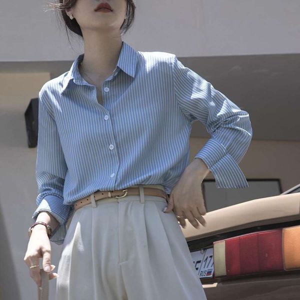 french blue striped long sleeved shirt for women spring casual professional design sense niche shoulder length, White
french blue striped long sleeved shirt for women spring casual professional design sense niche shoulder length, White