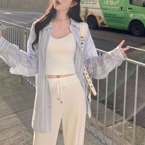 item thin sunblock t shirt womens summer design loose lazy long sleved blue striped casual fashion, White
item thin sunblock t shirt womens summer design loose lazy long sleved blue striped casual fashion, White