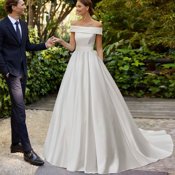 classy long boat neck satin wedding dresses with pockets a-line ivory pleats sweep train bridal gown vestido de novia women dresses, White
classy long boat neck satin wedding dresses with pockets a-line ivory pleats sweep train bridal gown vestido de novia women dresses, White