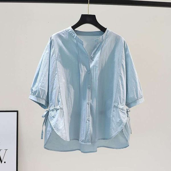 light blue thin cotton shirt for women with side slits short front and long back five point sleeve top, White
light blue thin cotton shirt for women with side slits short front and long back five point sleeve top, White