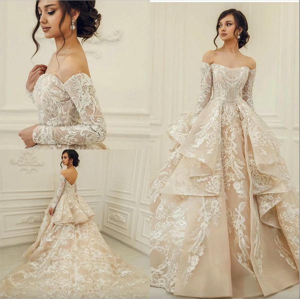 champagne a line wedding dresses off shoulder lace appliques long sleeve sweep train bridal gowns plus size tulle wedding dress, White
champagne a line wedding dresses off shoulder lace appliques long sleeve sweep train bridal gowns plus size tulle wedding dress, White
