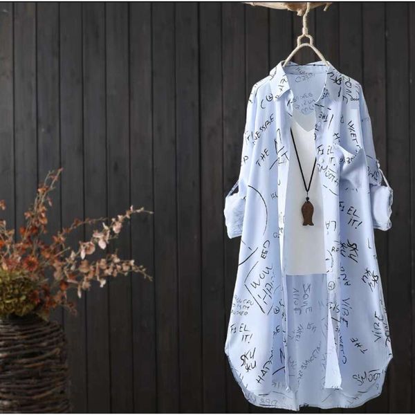 alphabet printed mid length long sleeved shirt womens summer dress casual loose cardigan sunblock clothes beach, White 
alphabet printed mid length long sleeved shirt womens summer dress casual loose cardigan sunblock clothes beach, White