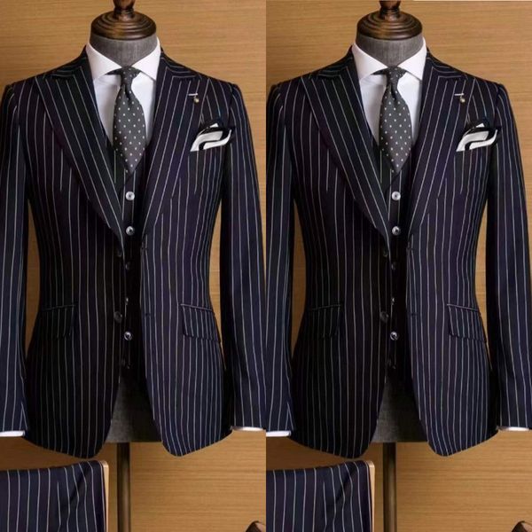 pinstripe 3 pieces men's suits peaked lapel tuxedos for wedding classic groom wear evening party customize coat pants with vest, Black;gray
pinstripe 3 pieces men's suits peaked lapel tuxedos for wedding classic groom wear evening party customize coat pants with vest, Black;gray