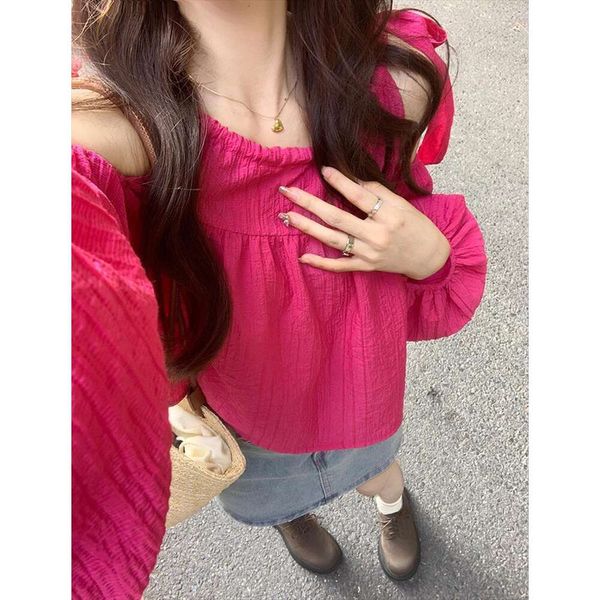 stylish strapping straight off lantern sleeves shirt for women spring summer short style chic small dopamine wear, White
