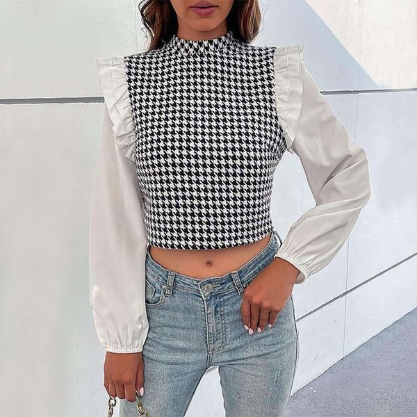 autumn short houndstooth t shirt long sleeve flare splicing for women, White
autumn short houndstooth t shirt long sleeve flare splicing for women, White