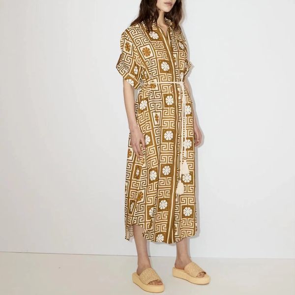 australian designer dress linen brown short sleeve printed shirt dress, Black;gray