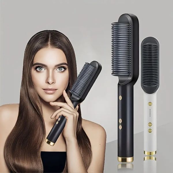 professional hair straightener brush for women - dual-use heating comb for straightening and curling - mini and portable, Black
professional hair straightener brush for women - dual-use heating comb for straightening and curling - mini and portable, Black