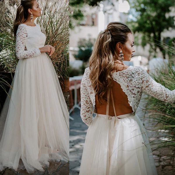 backless beach wedding dresses long sleeves lace and tulle bohemian a line bridal gowns sweep train country vestido de novia, White
backless beach wedding dresses long sleeves lace and tulle bohemian a line bridal gowns sweep train country vestido de novia, White