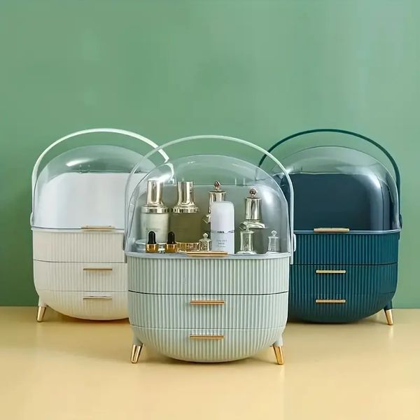 water and dust makeup organizer with lid and drawers - perfect for skincare products and vanity organization