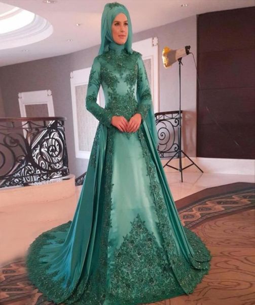 long sleeves muslim evening dresses elegant high neck appliques beaded lace satin green evening gowns formal prom dresses sweep tr2186955, Black;red
long sleeves muslim evening dresses elegant high neck appliques beaded lace satin green evening gowns formal prom dresses sweep tr2186955, Black;red