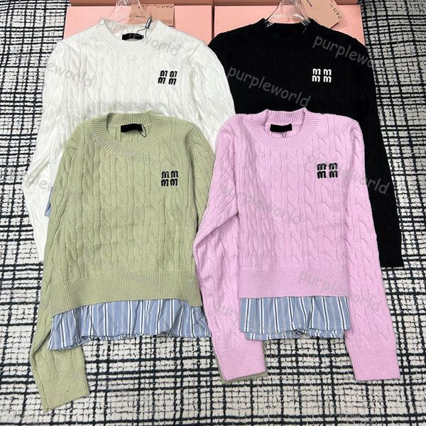 crew neck pullover womens sweater fake two knitwear hem casual fashion stripe stitching design 4 colors, White
crew neck pullover womens sweater fake two knitwear hem casual fashion stripe stitching design 4 colors, White