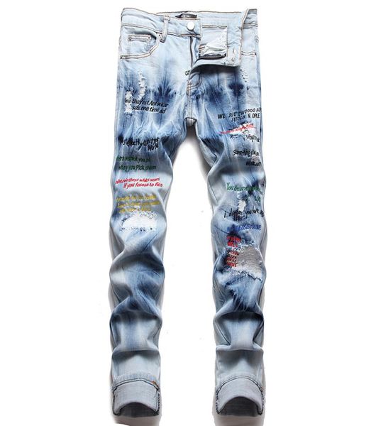punk vintage blue ripped hole men039s jeans fashion slim fit stretch denim pants spring autumn letters embroidered patch trouse9808271
punk vintage blue ripped hole men039s jeans fashion slim fit stretch denim pants spring autumn letters embroidered patch trouse9808271